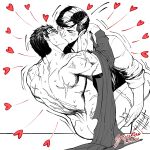  2boys anal artist_name ass back bara batman_(series) blush bruce_wayne clark_kent closed_eyes collared_shirt couple dated dc_comics glasses greyscale heart highres holding_another&#039;s_leg holding_hands kiss large_pectorals male_focus mature_male monochrome multiple_boys muscular muscular_male nude pectorals scar scar_on_arm scar_on_back sex shirt shirt_removed short_hair smile superman_(series) yaoi yooko 