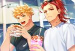  2boys bangs black_shirt blonde_hair burger closed_mouth cup dated day drinking_straw eyewear_on_head food granblue_fantasy green_eyes holding holding_cup holding_food incoming_food male_focus multiple_boys open_mouth outdoors percival_(granblue_fantasy) red_eyes red_hair satoimo_sanda shirt short_hair smile sunglasses undercut upper_body vane_(granblue_fantasy) white_shirt 