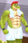  2022 abs absurd_res alligator alligatorid anthro artist_name biceps bracelet bulge clothed clothing crocodilian digital_drawing_(artwork) digital_media_(artwork) eyewear fist five_nights_at_freddy&#039;s five_nights_at_freddy&#039;s:_security_breach green_body hair henryfda hi_res jewelry locker_room looking_at_viewer male mammal mohawk montgomery_gator_(fnaf) multicolored_body muscular muscular_anthro muscular_male pecs reptile scalie scottgames shaded shower_room simple_background solo spiked_bracelet spikes spots spotted_body teeth text topless towel towel_around_neck towel_around_waist url video_games wristband 
