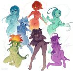  6+girls :3 :d :p absurdres ahoge aqua_hair aqua_sclera aqua_skin blue_hair blue_sclera blue_skin body_markings breasts brown_hair brown_nails colored_sclera colored_skin commentary commentary_typo dark_skin detached_wings english_commentary flower flower_on_head full_body genshin_impact green_hair highres horns_pose kardie large_breasts liquid_hair long_hair looking_at_viewer low_wings mini_wings monster_girl multiple_girls nail_polish no_nipples no_pussy one_eye_closed personification purple_hair purple_sclera purple_skin red_flower red_hair red_sclera red_skin rock short_hair simple_background sitting slime_(genshin_impact) slime_girl smile toenail_polish toenails tongue tongue_out very_long_hair white_background white_eyes wings yellow_eyes 