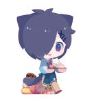  1boy aiba_ibuki animal_ears apron blue_apron blue_hoodie brown_pants cat_boy cat_ears cat_tail chibi chinese_commentary commentary_request dark_blue_hair full_body hair_ornament hair_over_one_eye hairclip holding hood hood_down hoodie kemonomimi_mode long_sleeves male_focus mememia07544 open_mouth oven_mitts pants polka_dot purple_eyes saibou_shinkyoku short_hair simple_background smile solo tail walking white_background x_hair_ornament 
