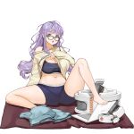  1girl bangs barefoot black_sports_bra english_text eyewear_on_head feet full_body game_cg glasses green_eyes gremlin_(last_origin) highres last_origin long_hair looking_at_viewer messy_hair navel official_art open_mouth purple_hair rorobomb shorts shorts_removed sitting solo sports_bra sportswear sweater tachi-e transparent_background 