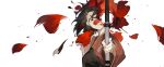  1girl absurdres aiming_at_viewer archery black_hair blood blood_on_face bow_(weapon) floating_hair grey_eyes head_tilt headshot highres holding holding_bow_(weapon) holding_weapon hole_in_head injury irple japanese_clothes kimono kyuudou long_sleeves looking_at_viewer muneate one-eyed original outstretched_arms parted_lips petals red_kimono red_theme short_hair simple_background sketch solo vocaloid weapon white_background wide_sleeves 