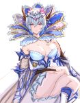  1girl breasts crossed_legs detached_sleeves granblue_fantasy hand_on_own_chest highres large_breasts light_blue_hair looking_at_viewer macula_marius mou_pl pink_eyes short_hair sketch solo wide_sleeves 