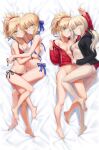  4girls ahoge ahoge_removed areola_slip artoria_pendragon_(fate) artoria_pendragon_(swimsuit_archer)_(fate) ass bangs barefoot bed_sheet bikini black_jacket black_ribbon blonde_hair blue_ribbon blush bottomless bracelet braid breasts bred_jacket butt_crack closed_mouth collarbone dakimakura_(medium) detached_hair fang fate/apocrypha fate/grand_order fate_(series) feet french_braid full_body green_eyes hair_ornament hair_ribbon hair_scrunchie hand_on_another&#039;s_back hand_on_another&#039;s_head hand_on_another&#039;s_waist highres hug jacket jewelry legs long_hair long_sleeves looking_at_viewer low_ponytail medium_breasts mordred_(fate) mordred_(memories_at_trifas)_(fate) mordred_(swimsuit_rider)_(fate) mother_and_daughter multiple_girls multiple_persona multiple_views naked_jacket navel necklace open_clothes open_jacket pale_skin parted_bangs ponytail red_scrunchie ribbon saber_alter_(ver._shinjuku_1999)_(fate) scrunchie side-tie_bikini sidelocks small_breasts smile soles swimsuit toes tonee untied untied_bikini unzipped yellow_eyes zipper zipper_pull_tab 