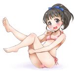  1girl ass barefoot bikini black_hair blue_eyes blush breasts feet fukuyama_mai hand_to_own_mouth idolmaster idolmaster_cinderella_girls knee_up leaning_back legs legs_up long_hair looking_at_viewer open_mouth pink_bikini ponytail ribbon side-tie_bikini simple_background sitting small_breasts smile soles solo swimsuit thighs toes white_background xtw4csdj8vwbb7s 