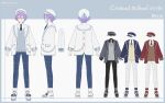  1boy absurdres alternate_color aqua_hair black_necktie blue_pants full_body heiwa_(murasiho) highres kamishiro_rui long_sleeves looking_at_viewer male_focus medium_hair multicolored_hair multiple_views necktie pants project_sekai purple_hair reference_sheet standing streaked_hair white_headwear yellow_eyes 