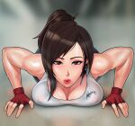  1girl alternate_hairstyle biceps black_hair blurry blurry_background breasts breath brown_eyes cleavage covered_nipples exercise final_fantasy final_fantasy_vii fingerless_gloves gloves highres large_breasts loodncrood looking_at_viewer muscular muscular_female ponytail push-ups solo steaming_body sweat tank_top tifa_lockhart 
