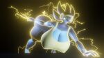  angry_eyes anthro big_breasts big_butt black_body blender_(software) blue_body breasts butt clothing darkdraketom electricity female glowing hanging_breasts hi_res luxray multicolored_body nintendo pok&eacute;mon pok&eacute;mon_(species) simple_background solo sportswear thick_thighs translucent translucent_clothing two_tone_body video_games yellow_eyes 