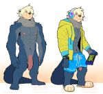  2022 abs anthro balls biped blonde_hair blue_body blue_fur bottomwear catsudon clothing digital_media_(artwork) flaccid fur genitals grey_body grey_fur hair hair_over_eye headgear headphones headset hoodie humanoid_genitalia humanoid_penis lutrine male mammal muscular muscular_anthro muscular_male mustelid neck_tuft nintendo nintendo_switch one_eye_obstructed pecs penis plantigrade shorts simple_background solo topwear tuft video_games whiskers white_background 