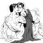  2boys anal ass back bara batman_(series) blush bruce_wayne clark_kent closed_eyes collared_shirt couple dc_comics french_kiss glasses greyscale highres holding_another&#039;s_leg holding_hands kiss large_pectorals male_focus mature_male monochrome multiple_boys muscular muscular_male nude pectorals scar scar_on_arm scar_on_back sex shirt shirt_removed short_hair superman_(series) tongue tongue_out yaoi yooko 