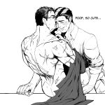  2boys adjusting_eyewear anal ass back bara batman_(series) blush bruce_wayne clark_kent closed_eyes collared_shirt couple dc_comics english_text glasses greyscale highres holding_another&#039;s_leg holding_hands large_pectorals looking_at_another male_focus mature_male monochrome multiple_boys muscular muscular_male nude pectorals scar scar_on_arm scar_on_back sex shirt shirt_removed short_hair smile superman_(series) yaoi yooko 