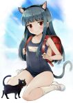  1girl animal_ear_fluff animal_ears backpack bag bangs black_cat black_hair blue_swimsuit blunt_bangs cat cat_ears cat_tail crime_prevention_buzzer fake_animal_ears fake_tail highres idolmaster idolmaster_cinderella_girls kneehighs long_hair name_tag one-piece_swimsuit randoseru red_eyes sajo_yukimi school_swimsuit shoes sitting smile socks swimsuit tail thighs white_footwear white_socks xtw4csdj8vwbb7s 