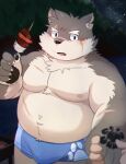  absurd_res anthro blush bulge canid canine canis clothing domestic_dog duo eating eyebrows first_person_view food fur grey_body grey_fur hand_holding hi_res human lifewonders male mammal meat moritaka scar skewer swimwear thick_eyebrows tokyo_afterschool_summoners video_games zuboboz 