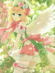  1girl :d absurdres blonde_hair breasts commentary_request cowboy_shot flower frilled_skirt frills from_side green_eyes hair_flower hair_ornament highres kkokko looking_at_viewer medium_breasts monster_strike nightingale_(monster_strike) skirt smile solo thigh_scrunchie wavy_hair white_wings wings 