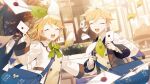  1boy blonde_hair closed_eyes heiwa_(murasiho) highres holding holding_letter kagamine_len kagamine_rin letter long_sleeves looking_at_viewer medium_hair school_uniform short_hair smile vocaloid wide_sleeves 