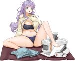  1girl areola_slip bangs barefoot english_text feet full_body game_cg green_eyes gremlin_(last_origin) highres last_origin long_hair looking_at_viewer messy_hair navel official_art open_mouth purple_hair rorobomb shorts shorts_removed sitting solo sports_bikini sweater tachi-e transparent_background 