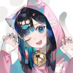  1girl animal_ears bangs bell black_hair blue_eyes blue_nails cat_ears cat_girl cat_tail close-up commentary earrings fish_hair_ornament hair_ornament hands_up highres hood hood_up hoodie jewelry jingle_bell long_hair long_sleeves looking_at_viewer multicolored_nails nail_art nail_polish neck_bell one_eye_closed original parted_bangs paw_pose pink_hoodie pink_nails portrait shiny shiny_hair smile solo tail teeth translation_request upper_teeth white_background zumi_(neronero126) 