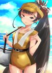  1girl beach belt black_belt black_eyes black_hair blue_sky breasts casual_one-piece_swimsuit cloud covered_navel cowboy_shot day fuji_(pixiv24804665) gradient_hair hair_ribbon highres kantai_collection long_hair multicolored_hair ocean official_alternate_costume official_alternate_hairstyle one-piece_swimsuit outdoors ponytail red_hair ribbon sky small_breasts solo swimsuit very_long_hair visor_cap white_ribbon yamashio_maru_(kancolle) yellow_swimsuit 