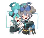  2girls :d ^_^ aqua_hair black_shirt blue_bow blue_capelet borrowed_hairstyle bow capelet cinnamiku closed_eyes colored_tips crossover detached_sleeves double_bun earrings facing_viewer genderswap genderswap_(mtf) grey_hair guozhe13 hair_bow hair_bun hair_rings hatsune_miku highres hug hug_from_behind ike_eveland ivy_eveland jacket jewelry multicolored_hair multiple_girls nijisanji nijisanji_en open_mouth print_bow shirt simple_background sleeveless smile turtleneck updo virtual_youtuber vocaloid white_background white_jacket 