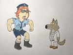  angry anonymous_artist anthro band-aid bandage belt blue_clothing bodily_fluids boots bottomwear brian_griffin brown_body brown_fur canid canine canis clothing cutoffs denim denim_clothing dreamworks duo eyewear family_guy female flexing_muscles footwear fur glasses grey_body grey_fur hair hi_res human humor lois_griffin looking_at_another looking_away male mammal misty_luggins mr._wolf_(the_bad_guys) muscular muscular_female nervous pants police_hat police_uniform red_hair shorts simple_background socks style_emulation style_parody suit sweat the_bad_guys traditional_media_(artwork) uniform white_background white_clothing wolf 