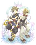  2boys belt black_jacket black_shorts blonde_hair blue_eyes brown_hair chain_necklace cropped_jacket crown fingerless_gloves full_body gloves hair_between_eyes holding holding_weapon hood hooded_jacket jacket jewelry keyblade kingdom_hearts kingdom_hearts_ii male_focus multiple_boys necklace roxas shichimiso short_hair shorts smile sora_(kingdom_hearts) spiked_hair thigh_strap two-tone_pants weapon white_jacket wristband 