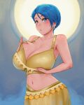  1girl absurdres arched_back armpit_crease artist_name blue_eyes blue_hair blush bra breasts bulma cleavage collarbone cowboy_shot dragon_ball dragon_ball_super earrings english_commentary highres huge_breasts jewelry looking_at_viewer midriff navel open_mouth plump shiny shiny_hair short_hair skindentation skirt solo underwear yamisouls yellow_bra yellow_skirt 