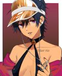  1girl bangs black_hair breasts caro_bambino chest_tattoo cleavage earbuds earphones genderswap genderswap_(mtf) halter_top halterneck highres italian_text jojo_no_kimyou_na_bouken looking_to_the_side nail_polish narancia_ghirga off_shoulder open_mouth ponytail purple_eyes reflection short_hair small_breasts solo tattoo vento_aureo visor_cap 