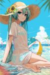  1girl aoiboushi_sky aqua_bikini aqua_eyes aqua_hair arm_support ball bangs barefoot beach beachball bikini bikini_under_clothes blue_sky blurry blurry_foreground breasts cloud cloudy_sky coconut_tree commentary_request feet flower hair_between_eyes hat hat_flower hatsune_miku highres legs long_hair looking_back oversized_clothes palm_tree shadow shirt short_sleeves sidelocks sitting sky small_breasts soles solo straw_hat sunflower swimsuit thighs toes tree twintails very_long_hair vocaloid wariza wet wet_clothes wet_shirt 