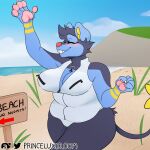  absurd_res anthro beach big_breasts blush bouncing_breasts breasts clothed clothing collar curvy_female english female hi_res huge_breasts invalid_tag luxio nintendo overweight paws pok&eacute;mon pok&eacute;mon_(species) pup_(puppyluxe) puppyluxe seaside skimpy slightly_chubby smile solo swimwear video_games zip-up 
