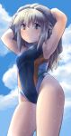  1girl antenna_hair armpits arms_up bangs bare_arms bare_shoulders black_swimsuit blue_sky breasts brown_hair closed_mouth cloud cloudy_sky commentary_request day green_eyes groin hair_between_eyes hair_down highres koshirae_tsurugi long_hair m.m medium_breasts one-piece_swimsuit original outdoors sky smile solo swimsuit towel towel_on_head wet 