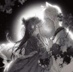  1boy 1girl animal_ears bangs branch covered_face covering_face earrings floating_hair fox_ears from_side glint greyscale hair_bun hair_ornament half_updo hand_fan hand_up haori hetero holding holding_fan implied_kiss japanese_clothes jewelry kimono light_and_night_love light_particles long_hair monochrome moonlight night night_sky outdoors protagonist_(light_and_night_love) qi_sili searmy shawl short_hair single_hair_bun sky sparkle upper_body wide_sleeves 