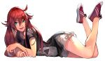  1girl ankh bangs green_eyes guilty_gear hair_between_eyes hinoru_saikusa jack-o&#039;_valentine long_hair looking_at_viewer lying multicolored_hair on_stomach open_mouth red_hair shorts solo two-tone_hair white_background 