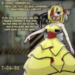  1girl antennae back_bow bangs blonde_hair blue_eyes blush bow corset covered_mouth dress english_text extra_mouth gown hair_ribbon huyusaki_taiga lobotomy_corporation long_hair missing_eye nail_polish one-eyed outstretched_arm personification project_moon queen_bee_(lobotomy_corporation) respirator ribbon scar scar_on_arm solo strapless strapless_dress tiara underbust 