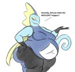  2019 anthro belly big_belly blue_body breasts digital_media_(artwork) english_text female inteleon lizard mizz-britt nintendo overweight overweight_anthro overweight_female pok&eacute;mon pok&eacute;mon_(species) reptile scalie simple_background solo text thick_thighs video_games wide_hips 