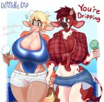 absurd_res anthro areola areola_slip big_breasts bonnie_bovine_(character) bottomwear bovid bovine bracelet breasts cattle clothed clothing colored_nails cutoffs denim denim_clothing dessert digital_media_(artwork) doodle_dip duo english_text female fingers food fur hair hand_holding hi_res hotpants huge_breasts ice_cream ice_cream_cone jewelry mammal midriff momo_(doodle_dip) nails navel open_mouth shirt shorts smile text thick_thighs tongue topwear wide_hips 