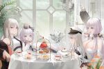  4girls absurdres azur_lane bald_eagle bird black_coat black_necktie blue_eyes breasts cake chair chick cleavage coat coat_dress collared_shirt cookie cup dress eagle elbow_gloves enterprise_(azur_lane) flower food gloves grim_(azur_lane) hair_ribbon hat highres holding holding_cup holding_tray huge_breasts if_they_mated illustrious_(azur_lane) ips_cells lace-trimmed_headwear lace_trim little_enterprise_(azur_lane) little_illustrious_(azur_lane) low_twintails military_hat mole mole_under_eye multiple_girls necktie open_clothes open_coat overall_skirt peaked_cap purple_eyes ribbon royal_navy saucer see-through see-through_sleeves shirt sitting sleeveless sleeveless_shirt strapless strapless_dress sun_hat table tea teacup teapot tray tress_ribbon tri_tails twintails underbust vase white_dress white_gloves white_headwear white_shirt wife_and_wife window xiaoli_(1507) younger yuri 