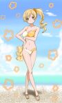  1girl bikini blonde_hair blush breasts cleavage collarbone drill_hair hair_ornament kinfuji large_breasts long_hair magia_record:_mahou_shoujo_madoka_magica_gaiden mahou_shoujo_madoka_magica navel sandals side_ponytail smile solo swimsuit thighs tomoe_mami tomoe_mami_(swimsuit_costume) yellow_eyes 