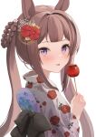  1girl absurdres animal_ears bangs braid brown_hair candy_apple floral_print flower food hair_flower hair_intakes hair_ornament hair_rings hanazawa_ma hand_fan hand_up highres holding holding_food horse_ears japanese_clothes kimono long_hair nail_polish paper_fan print_kimono purple_eyes red_flower red_nails simple_background solo sweep_tosho_(umamusume) twintails uchiwa umamusume upper_body white_background white_flower white_kimono yellow_flower yukata 