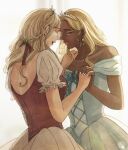  2girls blonde_hair closed_eyes commentary_request dark-skinned_female dark_skin earrings forehead-to-forehead hand_on_another&#039;s_shoulder heads_together holding_hands hoshizora_no_shita interlocked_fingers jewelry light_brown_hair multiple_girls original parted_lips upper_body yuri 