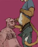  2021 anthro balls beard biped blue_clothing blue_shirt blue_topwear bodily_fluids body_hair bottomwear closed_smile clothed clothed/nude clothed_male_nude_male clothing clothing_lift colored_sketch countershade_neck countershade_snout countershade_torso countershading dipstick_tail domestic_pig duo erection eyes_closed facial_hair felid genital_fluids genitals glans green_bottomwear green_clothing green_pants green_underwear hand_behind_head kjartan male male/male mammal markings mouth_closed nipples nude pants penis penis_sniffing precum red_background shirt shirt_lift simple_background sketch slightly_chubby slightly_chubby_male snout standing suid suina sus_(pig) tail_markings topwear underwear white_body white_countershading 