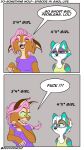  annoyed anthro blue_eyes brown_body brown_fur canid canine canis caught clothed clothing comic dialogue duo eye_contact felid feline female fur green_eyes grey_body grey_fur hair hi_res humor inner_ear_fluff looking_at_another lynx mammal open_mouth pink_hair ponytail size_difference talking_to_another tuft two_panel_image white_hair wide_eyed wolf zephyriwolf 
