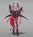  1girl absurdres bare_shoulders belt belt_pouch boots commentary_request demon_girl demon_horns demon_tail demon_wings dkxlek dual_wielding ear_piercing earrings fingerless_gloves flat_chest full_body gloves grey_background grey_hair grin gun hair_ribbon handgun highres holding horns jacket jewelry knee_pads korean_commentary leggings off_shoulder open_clothes open_jacket original piercing pointy_ears pouch ribbon roller_skates sharp_teeth skates smile solo tail teeth thigh_pouch thigh_strap tsurime twintails weapon wings 