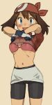  1girl 2equal8 :d armpits bandana bangs bike_shorts bikini black_gloves blue_eyes blush breasts brown_background brown_hair cameltoe clothes_lift commentary cowboy_shot gloves hair_between_eyes highres lifted_by_self looking_at_viewer may_(pokemon) medium_breasts medium_hair midriff miniskirt navel open_mouth pink_bikini pokemon red_bandana shirt_lift short_sleeves shorts shorts_under_skirt simple_background skirt smile solo swimsuit thigh_gap two-tone_gloves underboob white_gloves white_skirt 