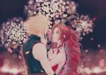  1boy 1girl aerith_gainsborough backless_dress backless_outfit bangs bare_arms blonde_hair blue_shirt breasts brown_hair cleavage cloud_strife confetti couple dress final_fantasy final_fantasy_vii final_fantasy_vii_remake fireworks flower gloves green_eyes hair_flower hair_ornament hair_ribbon hand_on_another&#039;s_cheek hand_on_another&#039;s_face highres jewelry lenak long_hair looking_at_another medium_breasts necklace official_alternate_costume parted_bangs parted_lips ponytail red_dress red_flower red_ribbon ribbon shirt short_hair sleeveless sleeveless_turtleneck spiked_hair strapless strapless_dress suspenders turtleneck upper_body wavy_hair 