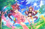  2girls animal_ears blue_eyes breasts brown_hair cleavage collarbone dual_wielding fingernails flower grass hair_flower hair_ornament holding horse_ears horse_tail large_breasts leg_up long_hair maruzensky_(umamusume) medium_breasts medium_hair multiple_girls ocean official_art pink_hair sakura_chiyono_o_(umamusume) sandals sky swimsuit tail tree umamusume water_gun 