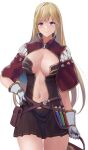  1girl absurdres bangs belt blonde_hair blush breasts brown_belt brown_dress caduceus cape cleavage closed_mouth commentary_request cowboy_shot creator_(ragnarok_online) dress gloves hand_on_hip highres large_breasts living_clothes long_hair looking_at_viewer navel plunging_neckline pouch purple_eyes ragnarok_online red_cape sail_(sail-away) short_dress simple_background smile solo strapless strapless_dress teeth vial white_background white_gloves 