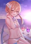  1girl bare_arms bare_shoulders beach_chair bikini blonde_hair breasts cup day drinking_glass flower genshin_impact hair_flower hair_ornament halterneck highres hurricane_glass izumo_neru looking_at_viewer lumine_(genshin_impact) navel ocean open_mouth orange_eyes outdoors scarf short_hair_with_long_locks skindentation small_breasts smile solo stomach string_bikini sunset swimsuit thighs wet white_bikini 