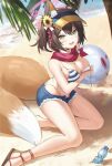  1girl absurdres animal_ear_fluff animal_ears bangs banxuan_c2ka bare_legs beach bikini blue_archive blue_shorts blush bottle breasts brown_hair cleavage day fox_ears fox_girl fox_tail hair_between_eyes halo highleg highleg_bikini highres izuna_(blue_archive) izuna_(swimsuit)_(blue_archive) looking_at_viewer medium_breasts micro_shorts open_mouth outdoors red_scarf revision sandals scarf short_hair shorts smile solo string_bikini striped striped_bikini swimsuit tail tree visor_cap yellow_eyes 