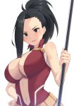  1girl black_eyes black_hair black_mutou boku_no_hero_academia breasts center_opening hand_on_hip holding holding_staff large_breasts looking_at_viewer medium_hair open_mouth ponytail simple_background smile solo staff white_background yaoyorozu_momo 